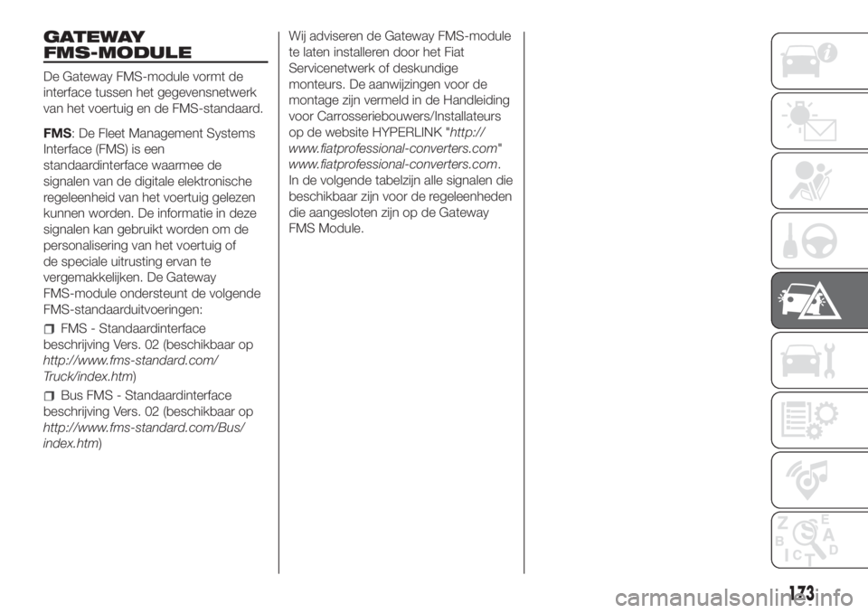 FIAT DUCATO 2017  Instructieboek (in Dutch) GATEWAY
FMS-MODULE
De Gateway FMS-module vormt de
interface tussen het gegevensnetwerk
van het voertuig en de FMS-standaard.
FMS: De Fleet Management Systems
Interface (FMS) is een
standaardinterface 