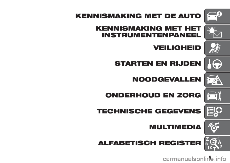 FIAT DUCATO 2017  Instructieboek (in Dutch) KENNISMAKING MET DE AUTO
KENNISMAKING MET HET
INSTRUMENTENPANEEL
VEILIGHEID
STARTEN EN RIJDEN
NOODGEVALLEN
ONDERHOUD EN ZORG
TECHNISCHE GEGEVENS
MULTIMEDIA
ALFABETISCH REGISTER
5 