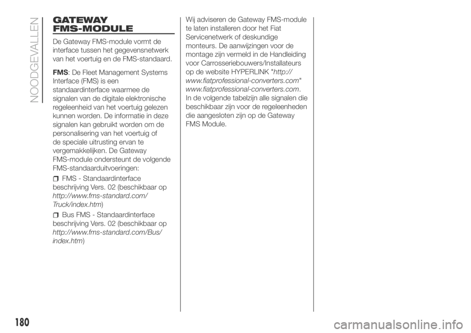 FIAT DUCATO 2018 Instructieboek (in Dutch) GATEWAY
FMS-MODULE
De Gateway FMS-module vormt de
interface tussen het gegevensnetwerk
van het voertuig en de FMS-standaard.
FMS: De Fleet Management Systems
Interface (FMS) is een
standaardinterface FIAT DUCATO 2018 Instructieboek (in Dutch) GATEWAY
FMS-MODULE
De Gateway FMS-module vormt de
interface tussen het gegevensnetwerk
van het voertuig en de FMS-standaard.
FMS: De Fleet Management Systems
Interface (FMS) is een
standaardinterface