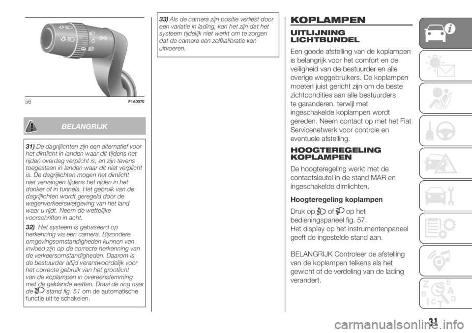 FIAT DUCATO 2018  Instructieboek (in Dutch) BELANGRIJK
31)De dagrijlichten zijn een alternatief voor
het dimlicht in landen waar dit tijdens het
rijden overdag verplicht is, en zijn tevens
toegestaan in landen waar dit niet verplicht
is. De dag