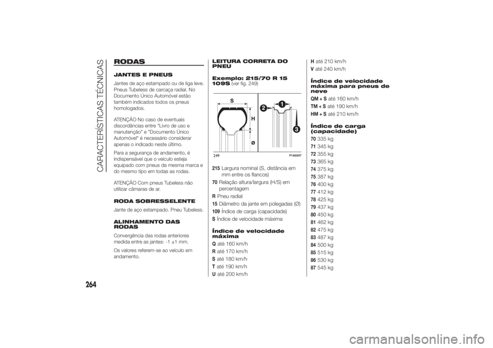 FIAT DUCATO 2014 Manual de Uso e Manutenção (in Portuguese) RODASJANTES E PNEUS
Jantes de aço estampado ou de liga leve.
Pneus Tubeless de carcaça radial. No
Documento Único Automóvel estão
também indicados todos os pneus
homologados.
ATENÇÃO No caso d FIAT DUCATO 2014 Manual de Uso e Manutenção (in Portuguese) RODASJANTES E PNEUS
Jantes de aço estampado ou de liga leve.
Pneus Tubeless de carcaça radial. No
Documento Único Automóvel estão
também indicados todos os pneus
homologados.
ATENÇÃO No caso d