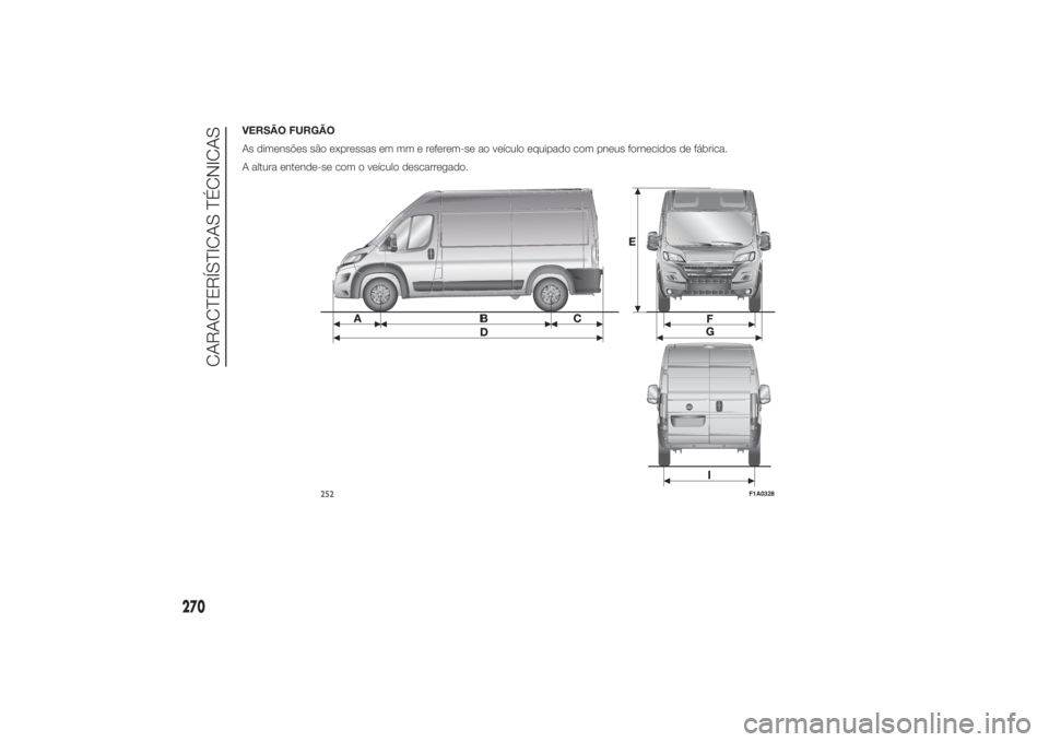 FIAT DUCATO 2014  Manual de Uso e Manutenção (in Portuguese) VERSÃO FURGÃO
As dimensões são expressas em mm e referem-se ao veículo equipado com pneus fornecidos de fábrica.
A altura entende-se com o veículo descarregado.
252
F1A0328
270
CARACTERÍSTICAS