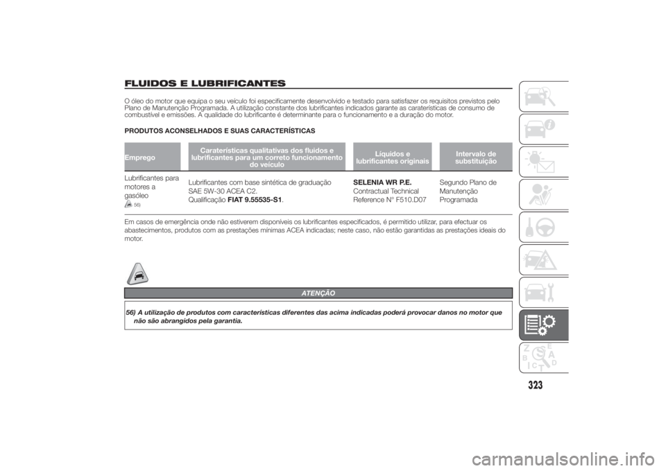 FIAT DUCATO 2014 Manual de Uso e Manutenção (in Portuguese) FLUIDOS E LUBRIFICANTESO óleo do motor que equipa o seu veículo foi especificamente desenvolvido e testado para satisfazer os requisitos previstos pelo
Plano de Manutenção Programada. A utilizaç FIAT DUCATO 2014 Manual de Uso e Manutenção (in Portuguese) FLUIDOS E LUBRIFICANTESO óleo do motor que equipa o seu veículo foi especificamente desenvolvido e testado para satisfazer os requisitos previstos pelo
Plano de Manutenção Programada. A utilizaç