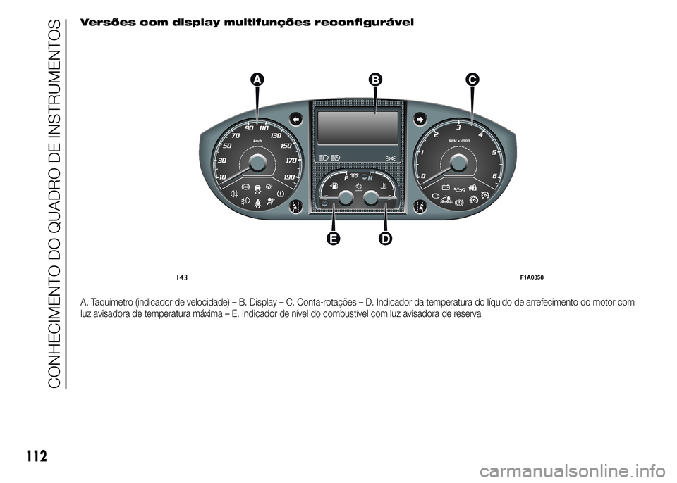 FIAT DUCATO 2015 Manual de Uso e Manutenção (in Portuguese) Versões com display multifunções reconfigurável
A. Taquímetro (indicador de velocidade) – B. Display – C. Conta-rotações – D. Indicador da temperatura do líquido de arrefecimento do moto FIAT DUCATO 2015 Manual de Uso e Manutenção (in Portuguese) Versões com display multifunções reconfigurável
A. Taquímetro (indicador de velocidade) – B. Display – C. Conta-rotações – D. Indicador da temperatura do líquido de arrefecimento do moto
