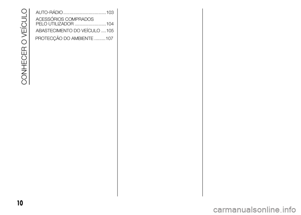 FIAT DUCATO 2015  Manual de Uso e Manutenção (in Portuguese) PROTECÇÃO DO AMBIENTE .........107
10
CONHECER O VEÍCULO
AUTO-RÁDIO ..................................103
ACESSÓRIOS COMPRADOS
PELO UTILIZADOR .........................104
ABASTECIMENTO DO VEÍCU