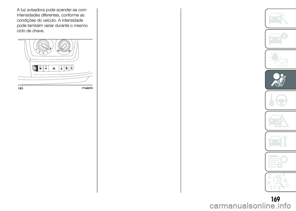 FIAT DUCATO 2015  Manual de Uso e Manutenção (in Portuguese) A luz avisadora pode acender-se com
intensidades diferentes, conforme as
condições do veículo. A intensidade
pode também variar durante o mesmo
ciclo de chave.
165F1A0374
169 