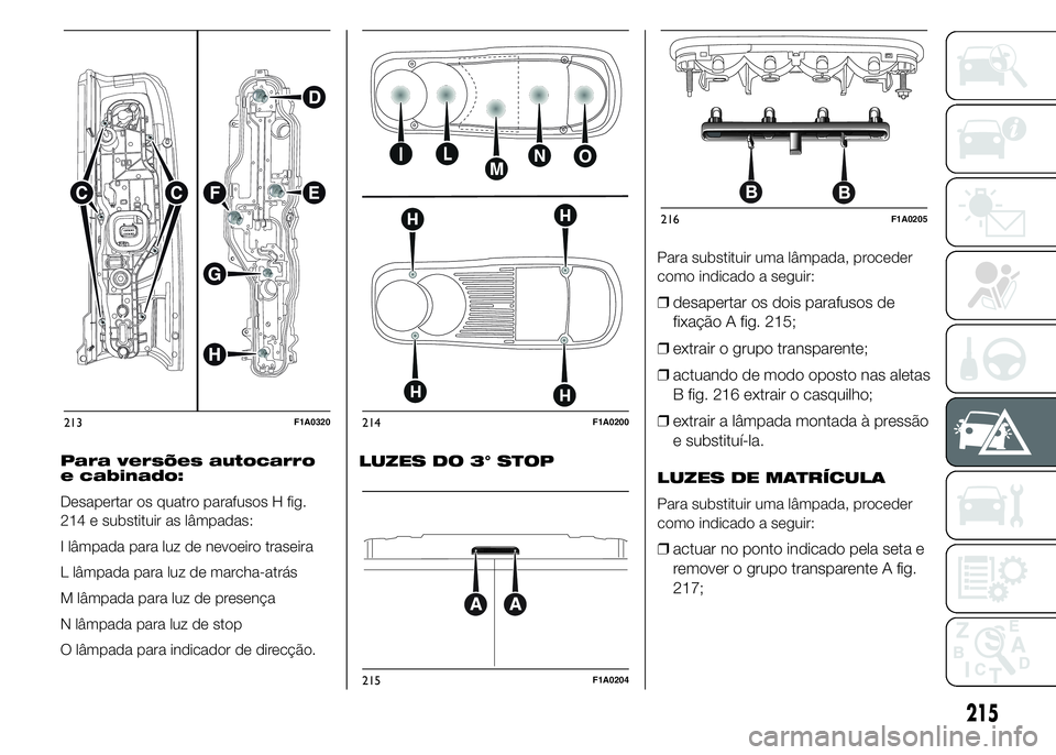 FIAT DUCATO 2015  Manual de Uso e Manutenção (in Portuguese) Para versões autocarro
e cabinado:
Desapertar os quatro parafusos H fig.
214 e substituir as lâmpadas:
I lâmpada para luz de nevoeiro traseira
L lâmpada para luz de marcha-atrás
M lâmpada para l