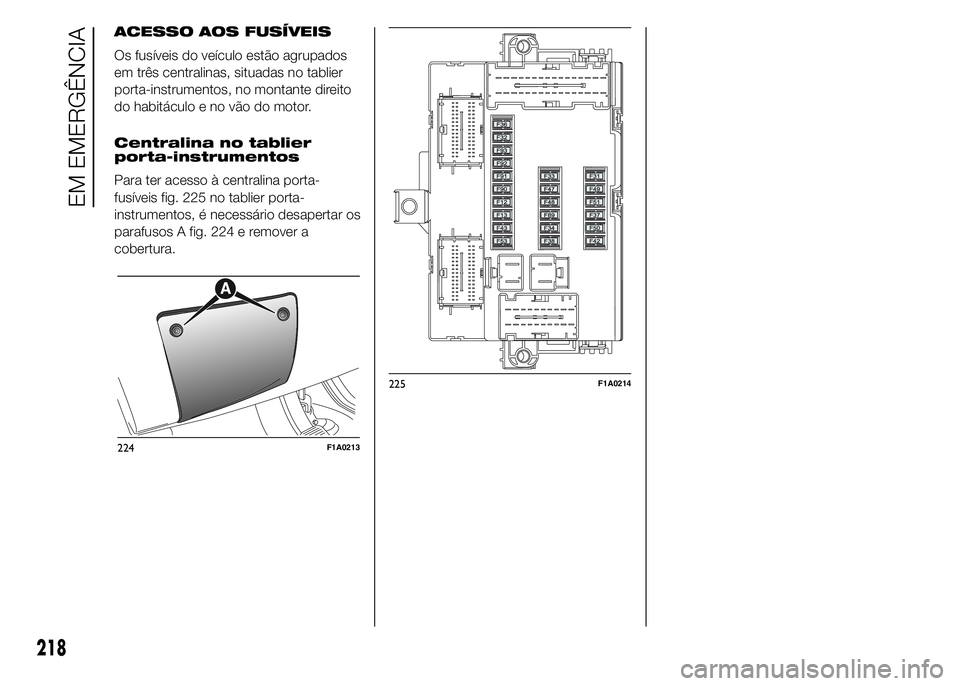 FIAT DUCATO 2015  Manual de Uso e Manutenção (in Portuguese) ACESSO AOS FUSÍVEIS
Os fusíveis do veículo estão agrupados
em três centralinas, situadas no tablier
porta-instrumentos, no montante direito
do habitáculo e no vão do motor.
Centralina no tablie