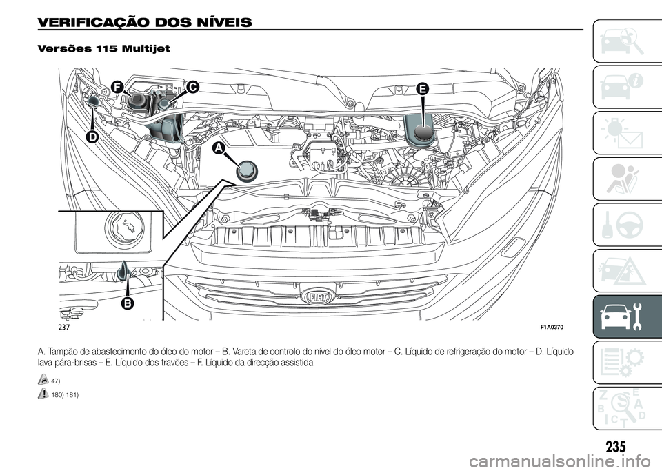 FIAT DUCATO 2015 Manual de Uso e Manutenção (in Portuguese) VERIFICAÇÃO DOS NÍVEIS.
Versões 115 Multijet
A. Tampão de abastecimento do óleo do motor – B. Vareta de controlo do nível do óleo motor – C. Líquido de refrigeração do motor – D. Líq FIAT DUCATO 2015 Manual de Uso e Manutenção (in Portuguese) VERIFICAÇÃO DOS NÍVEIS.
Versões 115 Multijet
A. Tampão de abastecimento do óleo do motor – B. Vareta de controlo do nível do óleo motor – C. Líquido de refrigeração do motor – D. Líq
