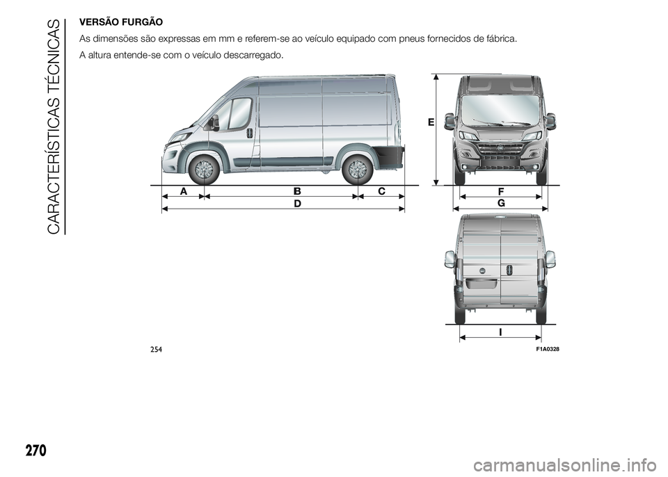 FIAT DUCATO 2015  Manual de Uso e Manutenção (in Portuguese) VERSÃO FURGÃO
As dimensões são expressas em mm e referem-se ao veículo equipado com pneus fornecidos de fábrica.
A altura entende-se com o veículo descarregado.
254F1A0328
270
CARACTERÍSTICAS 