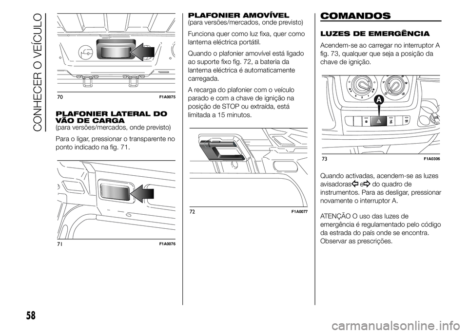 FIAT DUCATO 2015  Manual de Uso e Manutenção (in Portuguese) PLAFONIER LATERAL DO
VÃO DE CARGA
(para versões/mercados, onde previsto)
Para o ligar, pressionar o transparente no
ponto indicado na fig. 71.PLAFONIER AMOVÍVEL
(para versões/mercados, onde previs