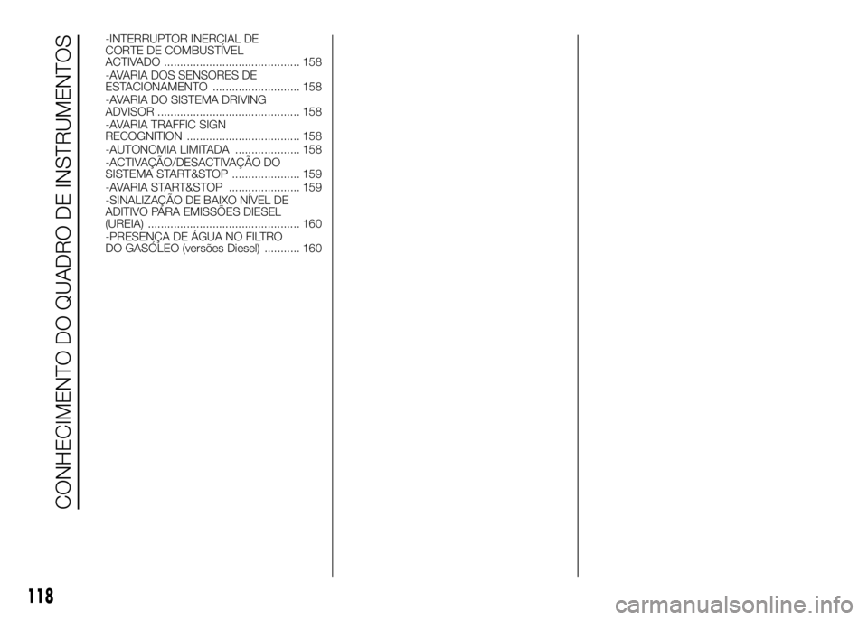 FIAT DUCATO 2016 Manual de Uso e Manutenção (in Portuguese) -INTERRUPTOR INERCIAL DE
CORTE DE COMBUSTÍVEL
ACTIVADO .......................................... 158
-AVARIA DOS SENSORES DE
ESTACIONAMENTO ........................... 158
-AVARIA DO SISTEMA DRIVING FIAT DUCATO 2016 Manual de Uso e Manutenção (in Portuguese) -INTERRUPTOR INERCIAL DE
CORTE DE COMBUSTÍVEL
ACTIVADO .......................................... 158
-AVARIA DOS SENSORES DE
ESTACIONAMENTO ........................... 158
-AVARIA DO SISTEMA DRIVING