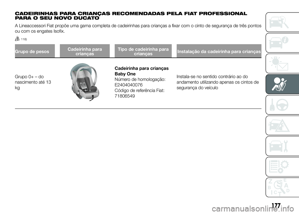 FIAT DUCATO 2016 Manual de Uso e Manutenção (in Portuguese) CADEIRINHAS PARA CRIANÇAS RECOMENDADAS PELA FIAT PROFESSIONAL
PARA O SEU NOVO DUCATO
A Lineaccessori Fiat propõe uma gama completa de cadeirinhas para crianças a fixar com o cinto de segurança de FIAT DUCATO 2016 Manual de Uso e Manutenção (in Portuguese) CADEIRINHAS PARA CRIANÇAS RECOMENDADAS PELA FIAT PROFESSIONAL
PARA O SEU NOVO DUCATO
A Lineaccessori Fiat propõe uma gama completa de cadeirinhas para crianças a fixar com o cinto de segurança de