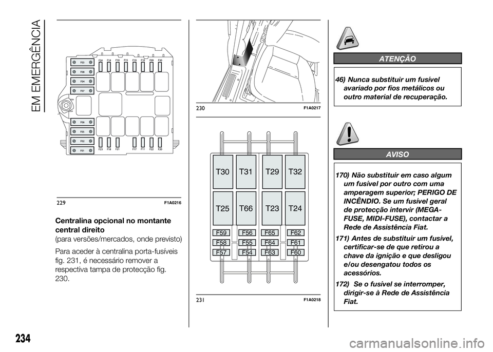 FIAT DUCATO 2016 Manual de Uso e Manutenção (in Portuguese) Centralina opcional no montante
central direito
(para versões/mercados, onde previsto)
Para aceder à centralina porta-fusíveis
fig. 231, é necessário remover a
respectiva tampa de protecção fig FIAT DUCATO 2016 Manual de Uso e Manutenção (in Portuguese) Centralina opcional no montante
central direito
(para versões/mercados, onde previsto)
Para aceder à centralina porta-fusíveis
fig. 231, é necessário remover a
respectiva tampa de protecção fig