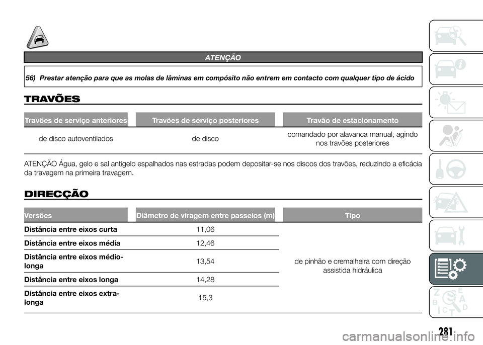 FIAT DUCATO 2016 Manual de Uso e Manutenção (in Portuguese) ATENÇÃO
56) Prestar atenção para que as molas de lâminas em compósito não entrem em contacto com qualquer tipo de ácido
TRAVÕES
Travões de serviço anteriores Travões de serviço posteriore FIAT DUCATO 2016 Manual de Uso e Manutenção (in Portuguese) ATENÇÃO
56) Prestar atenção para que as molas de lâminas em compósito não entrem em contacto com qualquer tipo de ácido
TRAVÕES
Travões de serviço anteriores Travões de serviço posteriore