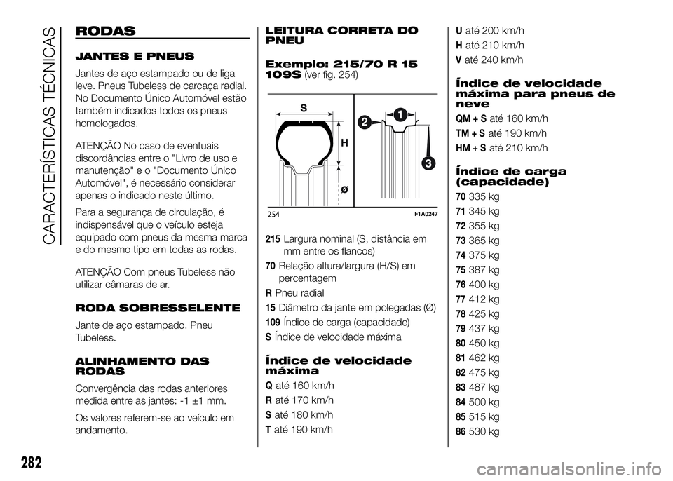 FIAT DUCATO 2016 Manual de Uso e Manutenção (in Portuguese) RODAS
JANTES E PNEUS
Jantes de aço estampado ou de liga
leve. Pneus Tubeless de carcaça radial.
No Documento Único Automóvel estão
também indicados todos os pneus
homologados.
ATENÇÃO No caso FIAT DUCATO 2016 Manual de Uso e Manutenção (in Portuguese) RODAS
JANTES E PNEUS
Jantes de aço estampado ou de liga
leve. Pneus Tubeless de carcaça radial.
No Documento Único Automóvel estão
também indicados todos os pneus
homologados.
ATENÇÃO No caso