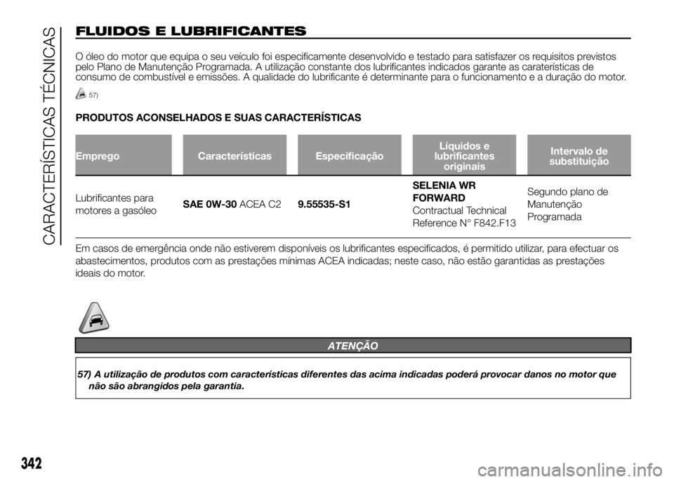 FIAT DUCATO 2016 Manual de Uso e Manutenção (in Portuguese) FLUIDOS E LUBRIFICANTES
O óleo do motor que equipa o seu veículo foi especificamente desenvolvido e testado para satisfazer os requisitos previstos
pelo Plano de Manutenção Programada. A utilizaç FIAT DUCATO 2016 Manual de Uso e Manutenção (in Portuguese) FLUIDOS E LUBRIFICANTES
O óleo do motor que equipa o seu veículo foi especificamente desenvolvido e testado para satisfazer os requisitos previstos
pelo Plano de Manutenção Programada. A utilizaç