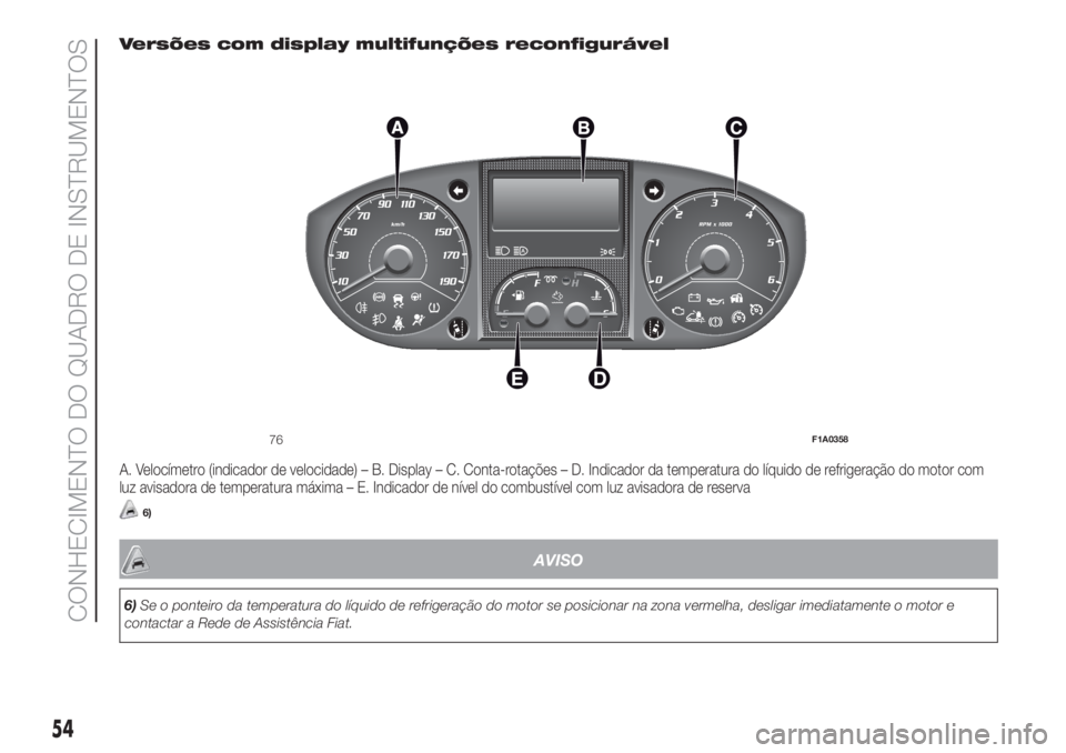 FIAT DUCATO 2017  Manual de Uso e Manutenção (in Portuguese) Versões com display multifunções reconfigurável
A. Velocímetro (indicador de velocidade) – B. Display – C. Conta-rotações – D. Indicador da temperatura do líquido de refrigeração do mo
