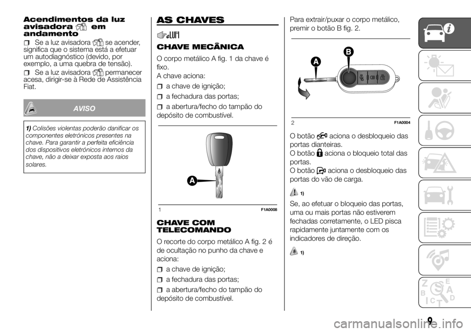 FIAT DUCATO 2018 Manual de Uso e Manutenção (in Portuguese) Acendimentos da luz
avisadoraem
andamento
Se a luz avisadorase acender,
significa que o sistema está a efetuar
um autodiagnóstico (devido, por
exemplo, a uma quebra de tensão).
Se a luz avisadorape FIAT DUCATO 2018 Manual de Uso e Manutenção (in Portuguese) Acendimentos da luz
avisadoraem
andamento
Se a luz avisadorase acender,
significa que o sistema está a efetuar
um autodiagnóstico (devido, por
exemplo, a uma quebra de tensão).
Se a luz avisadorape