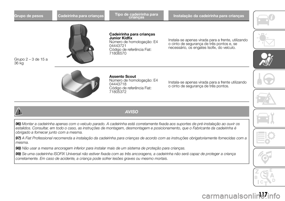 FIAT DUCATO 2018  Manual de Uso e Manutenção (in Portuguese) Grupo de pesos Cadeirinha para criançasTipo de cadeirinha para
criançasInstalação da cadeirinha para crianças
Grupo2–3de15a
36 kg
Cadeirinha para crianças
Junior Kidfix
Número de homologaçã