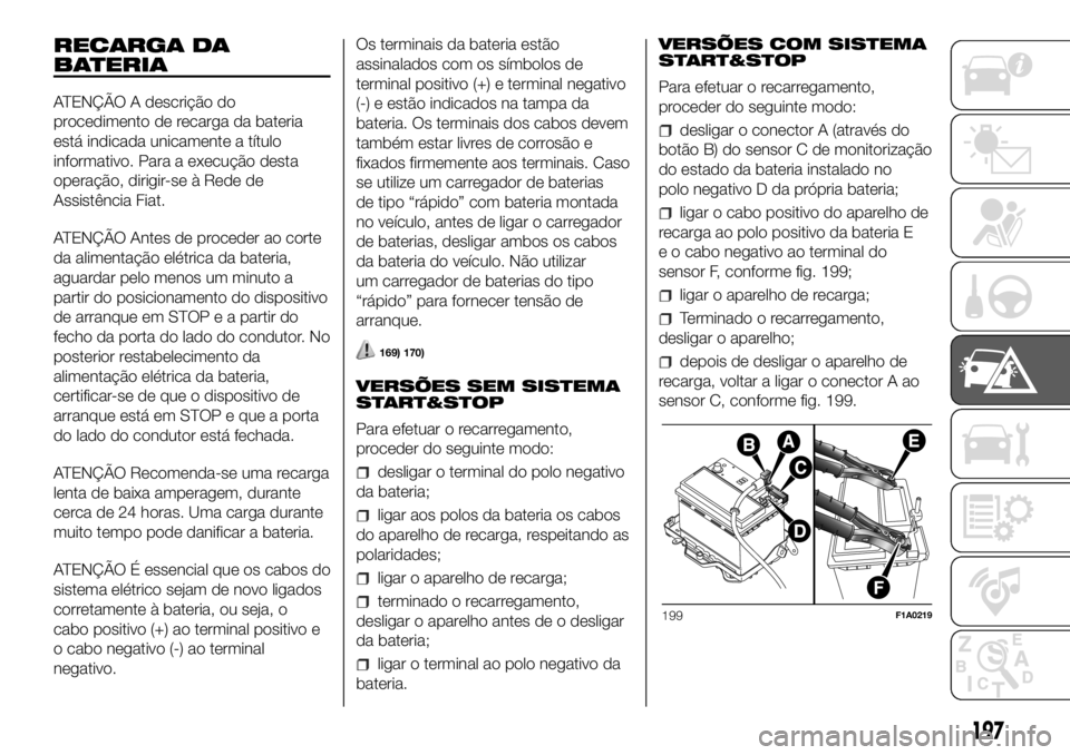 FIAT DUCATO 2018 Manual de Uso e Manutenção (in Portuguese) RECARGA DA
BATERIA
ATENÇÃO A descrição do
procedimento de recarga da bateria
está indicada unicamente a título
informativo. Para a execução desta
operação, dirigir-se à Rede de
Assistência FIAT DUCATO 2018 Manual de Uso e Manutenção (in Portuguese) RECARGA DA
BATERIA
ATENÇÃO A descrição do
procedimento de recarga da bateria
está indicada unicamente a título
informativo. Para a execução desta
operação, dirigir-se à Rede de
Assistência