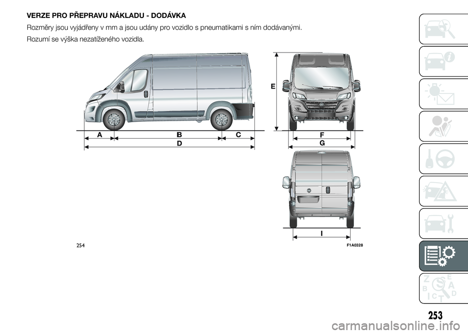 FIAT DUCATO 2015  Návod k použití a údržbě (in Czech) VERZE PRO PŘEPRAVU NÁKLADU - DODÁVKA
Rozměry jsou vyjádřeny v mm a jsou udány pro vozidlo s pneumatikami s ním dodávanými.
Rozumí se výška nezatíženého vozidla.
254F1A0328
253 