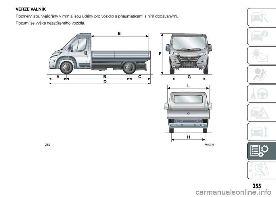 FIAT DUCATO 2015  Návod k použití a údržbě (in Czech) VERZE VALNÍK
Rozměry jsou vyjádřeny v mm a jsou udány pro vozidlo s pneumatikami s ním dodávanými.
Rozumí se výška nezatíženého vozidla.
255F1A0329
255 