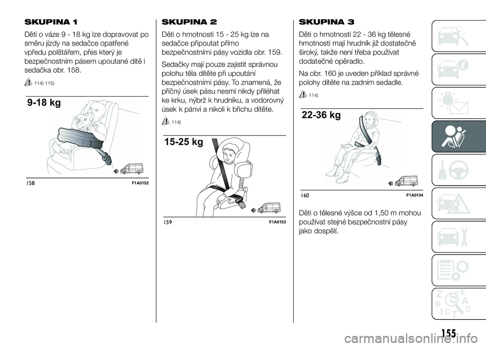 FIAT DUCATO 2016  Návod k použití a údržbě (in Czech) SKUPINA 1
Dětiováze9-18kglzedopravovat po
směru jízdy na sedačce opatřené
vpředu polštářem, přes který je
bezpečnostním pásem upoutané dítě i
sedačka obr. 158.
114) 115)
SKUPINA 2
