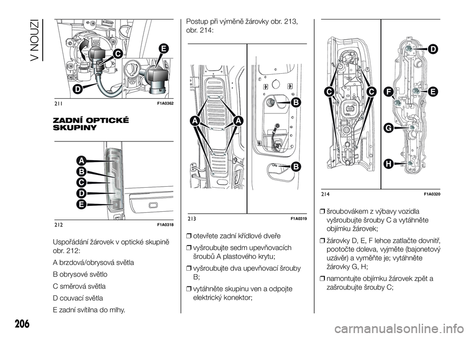 FIAT DUCATO 2016  Návod k použití a údržbě (in Czech) ZADNÍ OPTICKÉ
SKUPINY
Uspořádání žárovek v optické skupině
obr. 212:
A brzdová/obrysová světla
B obrysové světlo
C směrová světla
D couvací světla
E zadní svítilna do mlhy.Postup