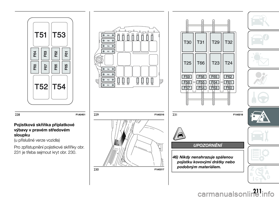 FIAT DUCATO 2016  Návod k použití a údržbě (in Czech) Pojistková skříňka příplatkové
výbavy v pravém středovém
sloupku
(u příslušné verze vozidla)
Pro zpřístupnění pojistkové skříňky obr.
231 je třeba sejmout kryt obr. 230.
UPOZOR