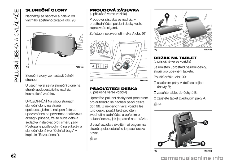 FIAT DUCATO 2016  Návod k použití a údržbě (in Czech) SLUNEČNÍ CLONY
Nacházejí se napravo a nalevo od
vnitřního zpětného zrcátka obr. 96.
Sluneční clony lze nastavit čelně i
stranou.
U všech verzí se na sluneční cloně na
straně spoluce