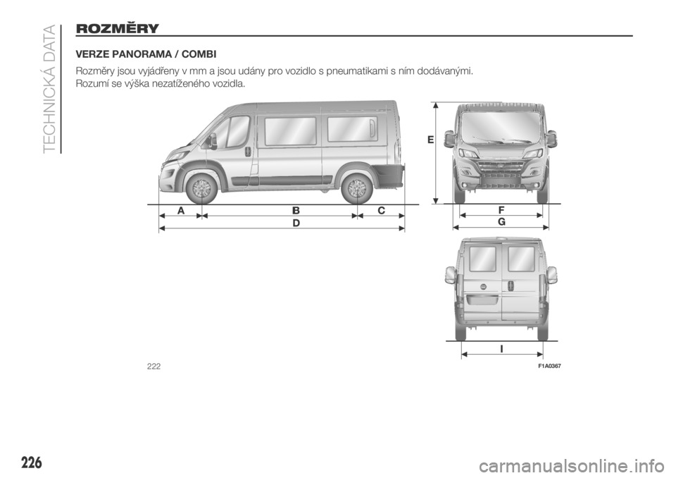 FIAT DUCATO 2018  Návod k použití a údržbě (in Czech) ROZMĚRY
VERZE PANORAMA / COMBI
Rozměry jsou vyjádřeny v mm a jsou udány pro vozidlo s pneumatikami s ním dodávanými.
Rozumí se výška nezatíženého vozidla.
222F1A0367
226
TECHNICKÁ DATA 