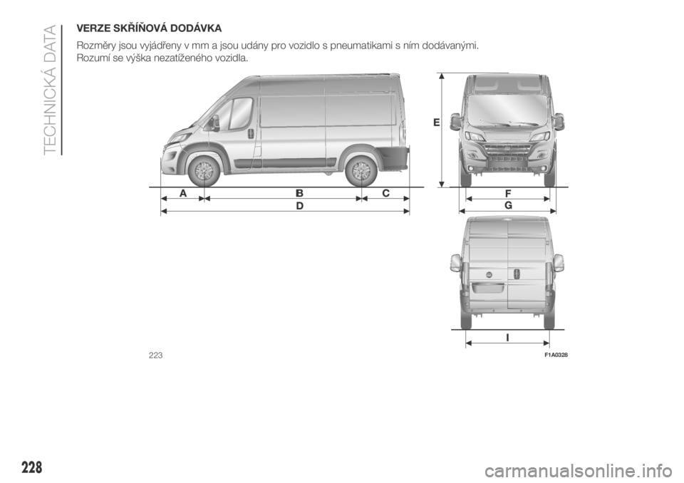 FIAT DUCATO 2018  Návod k použití a údržbě (in Czech) VERZE SKŘÍŇOVÁ DODÁVKA
Rozměry jsou vyjádřeny v mm a jsou udány pro vozidlo s pneumatikami s ním dodávanými.
Rozumí se výška nezatíženého vozidla.
223F1A0328
228
TECHNICKÁ DATA 