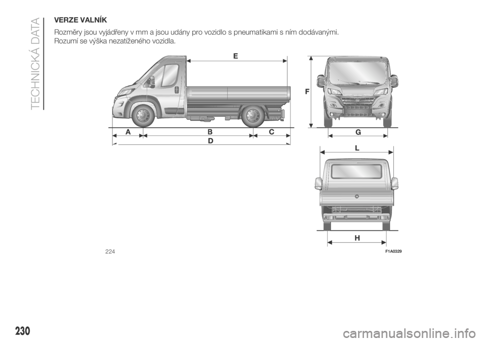 FIAT DUCATO 2018  Návod k použití a údržbě (in Czech) VERZE VALNÍK
Rozměry jsou vyjádřeny v mm a jsou udány pro vozidlo s pneumatikami s ním dodávanými.
Rozumí se výška nezatíženého vozidla.
224F1A0329
230
TECHNICKÁ DATA 