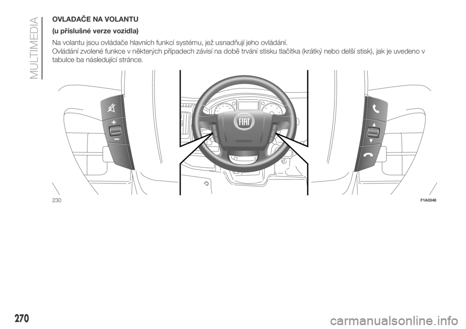 FIAT DUCATO 2018  Návod k použití a údržbě (in Czech) OVLADAČE NA VOLANTU
(u příslušné verze vozidla)
Na volantu jsou ovládače hlavních funkcí systému, jež usnadňují jeho ovládání.
Ovládání zvolené funkce v některých případech zá