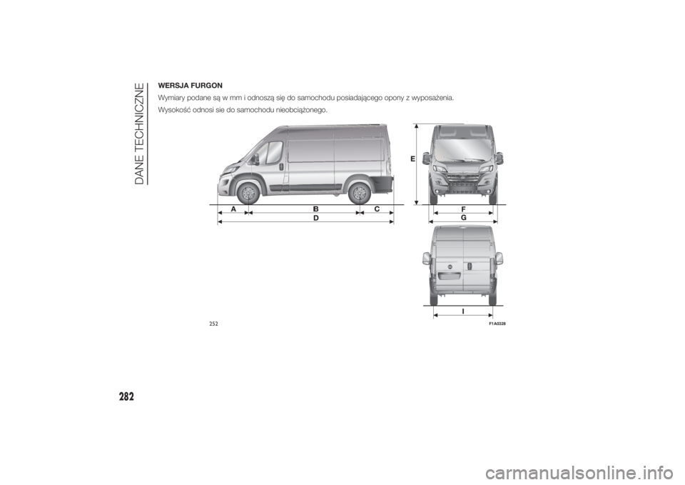 FIAT DUCATO 2014  Instrukcja obsługi (in Polish) WERSJA FURGON
Wymiary podane są w mm i odnoszą się do samochodu posiadającego opony z wyposażenia.
Wysokość odnosi sie do samochodu nieobciążonego.
252
F1A0328
282
DANE TECHNICZNE
10-3-2014 1