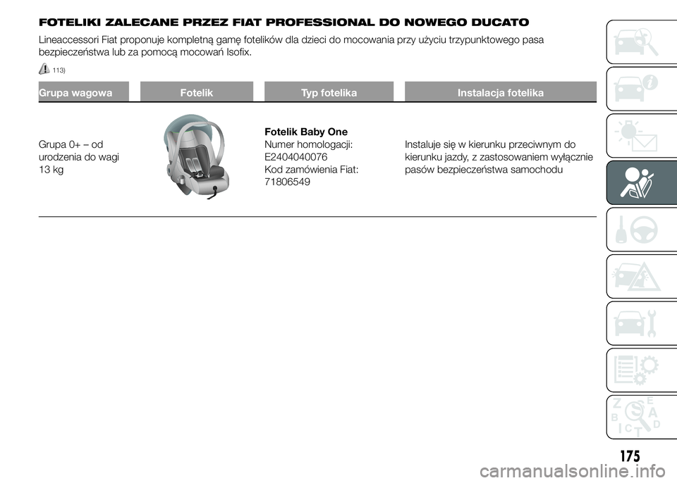 FIAT DUCATO 2015  Instrukcja obsługi (in Polish) FOTELIKI ZALECANE PRZEZ FIAT PROFESSIONAL DO NOWEGO DUCATO
Lineaccessori Fiat proponuje kompletną gamę fotelików dla dzieci do mocowania przy użyciu trzypunktowego pasa
bezpieczeństwa lub za pomo
