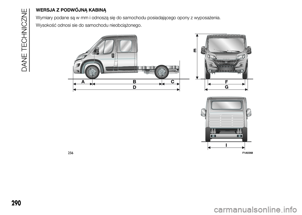 FIAT DUCATO 2015  Instrukcja obsługi (in Polish) WERSJA Z PODWÓJNĄ KABINĄ
Wymiary podane są w mm i odnoszą się do samochodu posiadającego opony z wyposażenia.
Wysokość odnosi sie do samochodu nieobciążonego.
256F1A0368
290
DANE TECHNICZN
