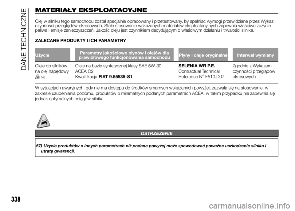 FIAT DUCATO 2015  Instrukcja obsługi (in Polish) MATERIAŁY EKSPLOATACYJNE
Olej w silniku tego samochodu został specjalnie opracowany i przetestowany, by spełniać wymogi przewidziane przez Wykaz
czynności przeglądów okresowych. Stałe stosowan