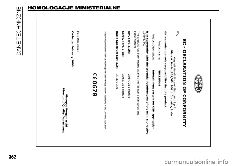 FIAT DUCATO 2015  Instrukcja obsługi (in Polish) HOMOLOGACJE MINISTERIALNE
362
DANE TECHNICZNE 