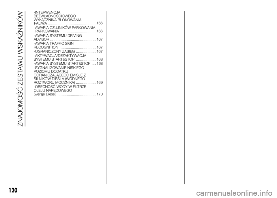 FIAT DUCATO 2016 Instrukcja obsługi (in Polish) -INTERWENCJA
BEZWŁADNOŚCIOWEGO
WYŁĄCZNIKA BLOKOWANIA
.............................................. 166
-AWARIA CZUJNIKÓW PARKOWANIA
-AWARIA SYSTEMU DRIVING
ADVISOR .............................. FIAT DUCATO 2016 Instrukcja obsługi (in Polish) -INTERWENCJA
BEZWŁADNOŚCIOWEGO
WYŁĄCZNIKA BLOKOWANIA
.............................................. 166
-AWARIA CZUJNIKÓW PARKOWANIA
-AWARIA SYSTEMU DRIVING
ADVISOR ..............................