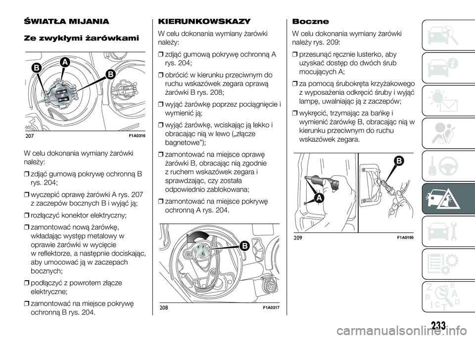 FIAT DUCATO 2016  Instrukcja obsługi (in Polish) ŚWIATŁA MIJANIA
Ze zwykłymi żarówkami
W celu dokonania wymiany żarówki
należy:
❒zdjąć gumową pokrywę ochronną B
rys. 204;
❒wyczepić oprawę żarówki A rys. 207
z zaczepów bocznych 