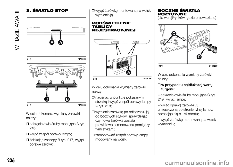FIAT DUCATO 2016  Instrukcja obsługi (in Polish) 3. ŚWIATŁO STOP
W celu dokonania wymiany żarówki
należy:
❒odkręcić dwie śruby mocujące A rys.
216;
❒wyjąć zespół oprawy lampy;
❒ściskając zaczepy B rys. 217, wyjąć
oprawę żar