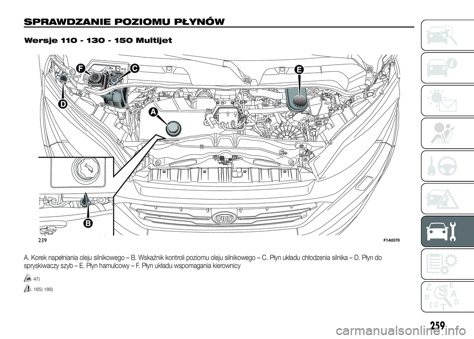 FIAT DUCATO 2016  Instrukcja obsługi (in Polish) SPRAWDZANIE POZIOMU PŁYNÓW.
A. Korek napełniania oleju silnikowego – B. Wskaźnik kontroli poziomu oleju silnikowego – C. Płyn układu chłodzenia silnika – D. Płyn do
spryskiwaczy szyb –