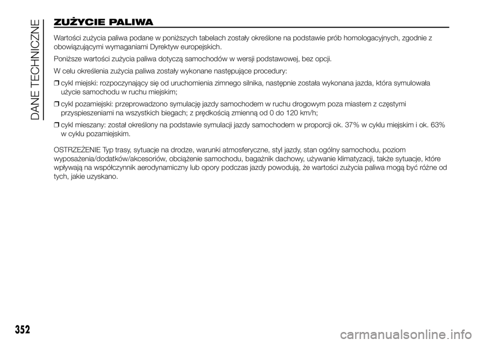 FIAT DUCATO 2016  Instrukcja obsługi (in Polish) ZUŻYCIE PALIWA
Wartości zużycia paliwa podane w poniższych tabelach zostały określone na podstawie prób homologacyjnych, zgodnie z
obowiązującymi wymaganiami Dyrektyw europejskich.
Poniższe 