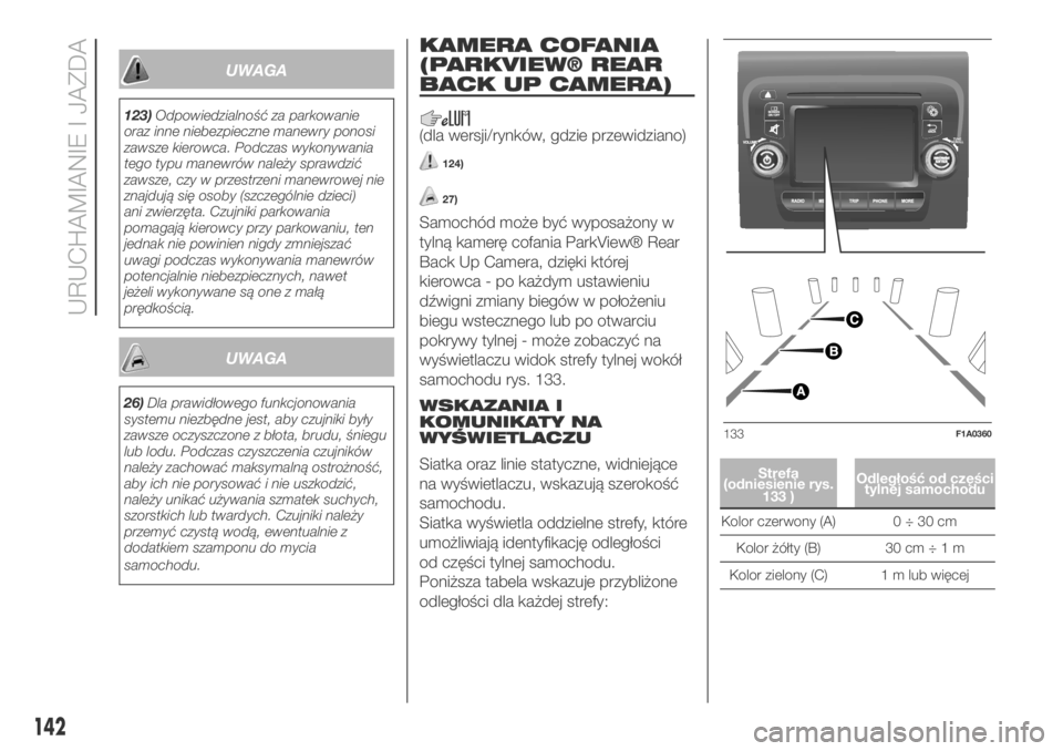 FIAT DUCATO 2018  Instrukcja obsługi (in Polish) UWAGA
123)Odpowiedzialność za parkowanie
oraz inne niebezpieczne manewry ponosi
zawsze kierowca. Podczas wykonywania
tego typu manewrów należy sprawdzić
zawsze, czy w przestrzeni manewrowej nie
z