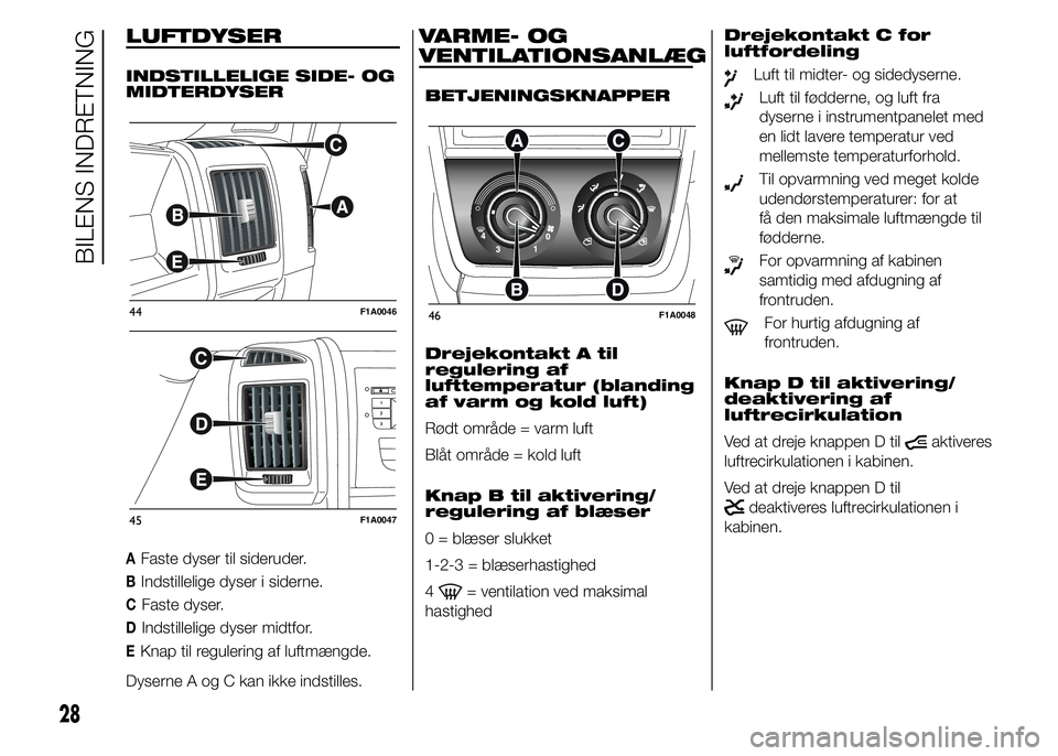 FIAT DUCATO 2015  Brugs- og vedligeholdelsesvejledning (in Danish) LUFTDYSER
INDSTILLELIGE SIDE- OG
MIDTERDYSER
AFaste dyser til sideruder.
BIndstillelige dyser i siderne.
CFaste dyser.
DIndstillelige dyser midtfor.
EKnap til regulering af luftmængde.
Dyserne A og C