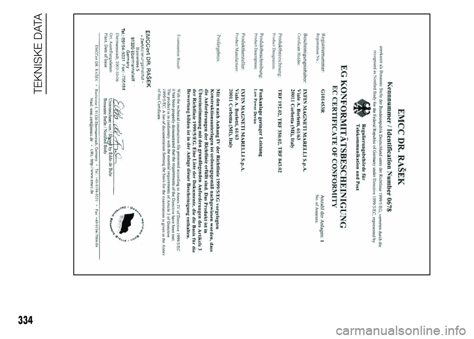 FIAT DUCATO 2015 Brugs- og vedligeholdelsesvejledning (in Danish) 334
TEKNISKE DATA FIAT DUCATO 2015 Brugs- og vedligeholdelsesvejledning (in Danish) 334
TEKNISKE DATA