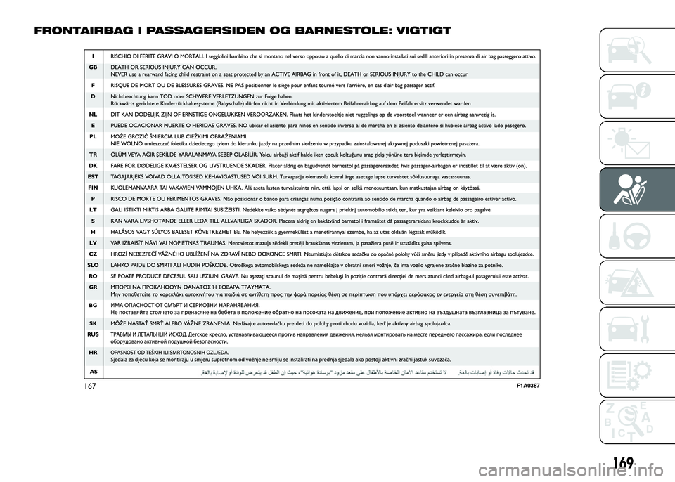 FIAT DUCATO 2017  Brugs- og vedligeholdelsesvejledning (in Danish) FRONTAIRBAG I PASSAGERSIDEN OG BARNESTOLE: VIGTIGT
167F1A0387
169 