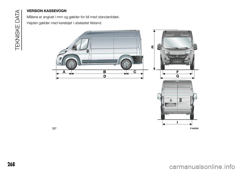 FIAT DUCATO 2017  Brugs- og vedligeholdelsesvejledning (in Danish) VERSION KASSEVOGN
Målene er angivet i mm og gælder for bil med standarddæk.
Højden gælder med køretøjet i ubelastet tilstand.
257F1A0328
268
TEKNISKE DATA 